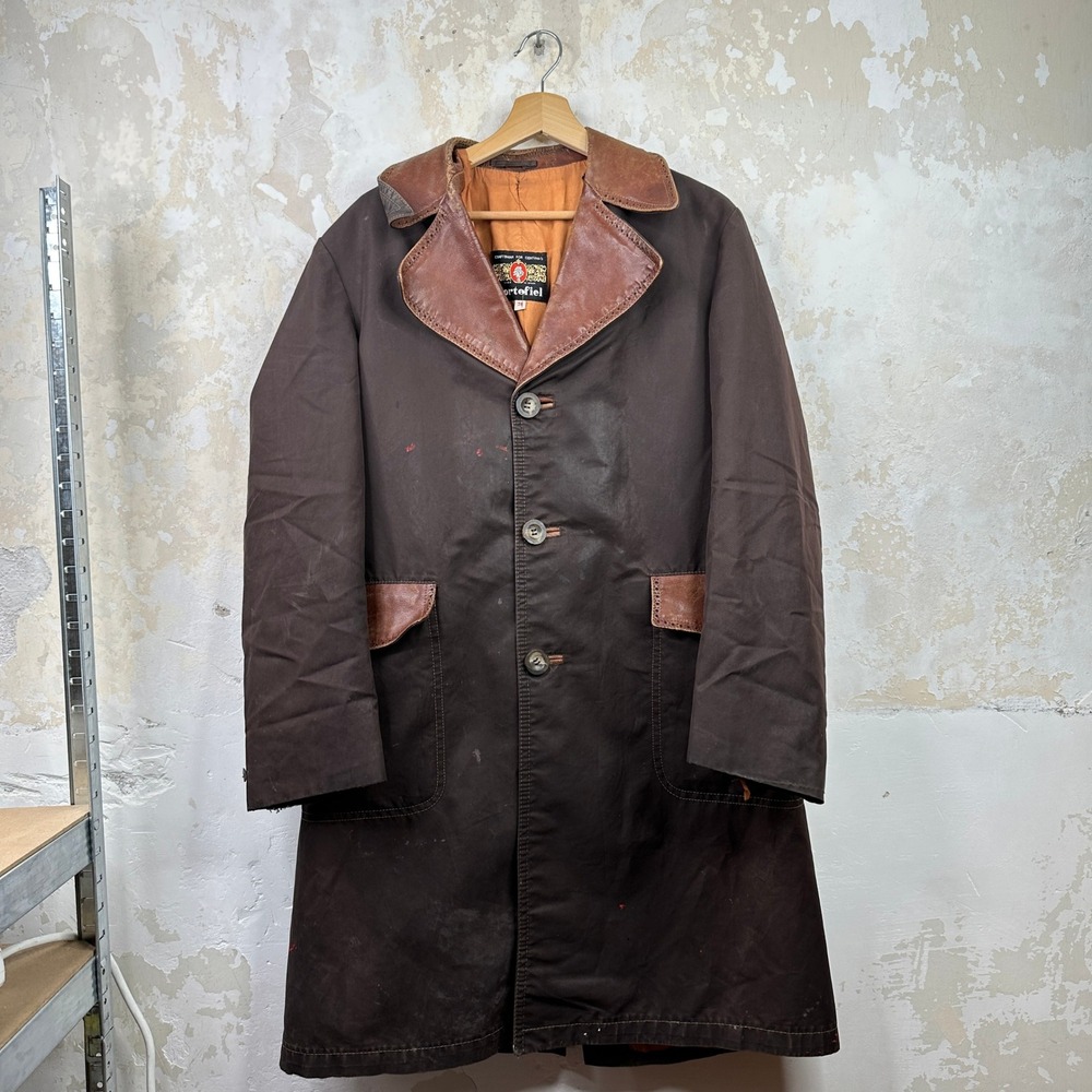 Vintage Cortefiel Made in Spain Brown Canvas Leather Trim Overcoat Mens 38